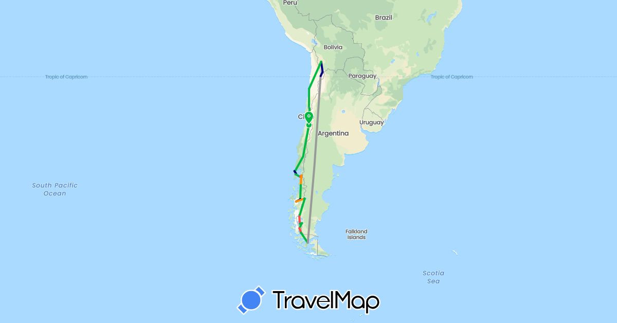 TravelMap itinerary: driving, bus, plane, cycling, hiking, hitchhiking in Argentina, Bolivia, Chile (South America)